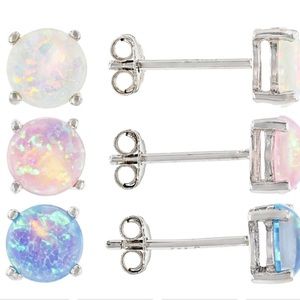 Opal Rhodium Over Sterling Silver Set of 3 stud earrings